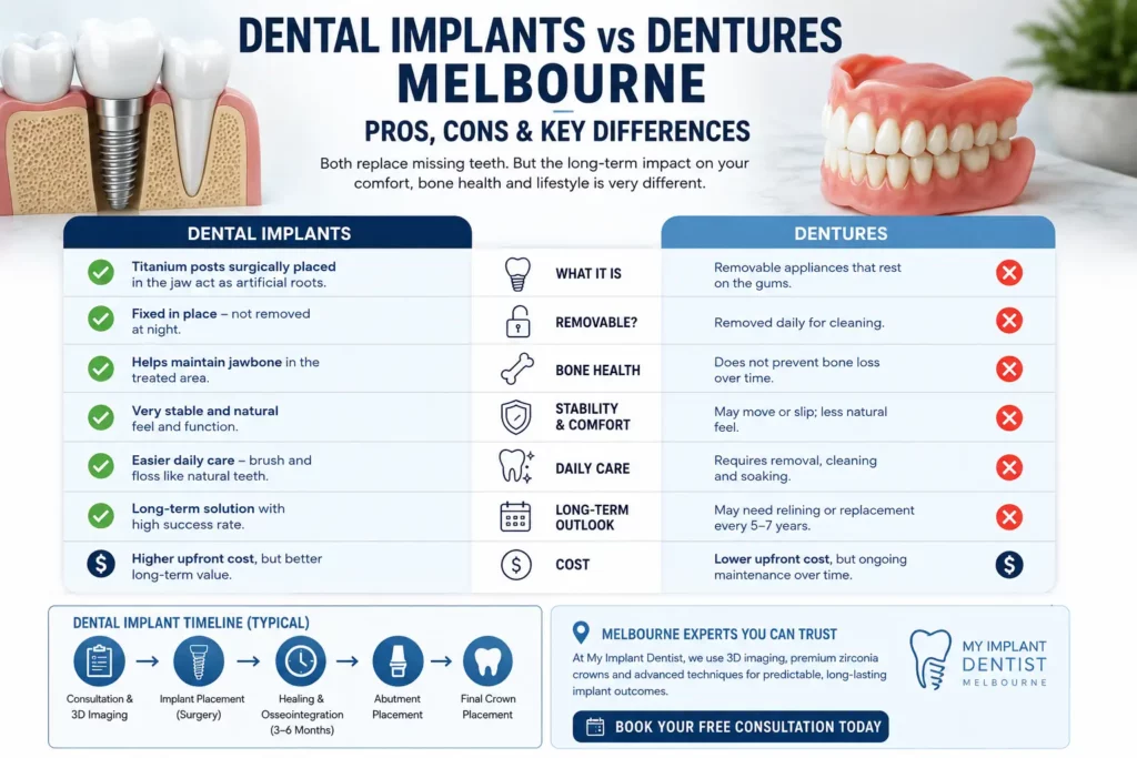 Dental Implants vs Dentures in Melbourne - Pros, Cons and Key Differences